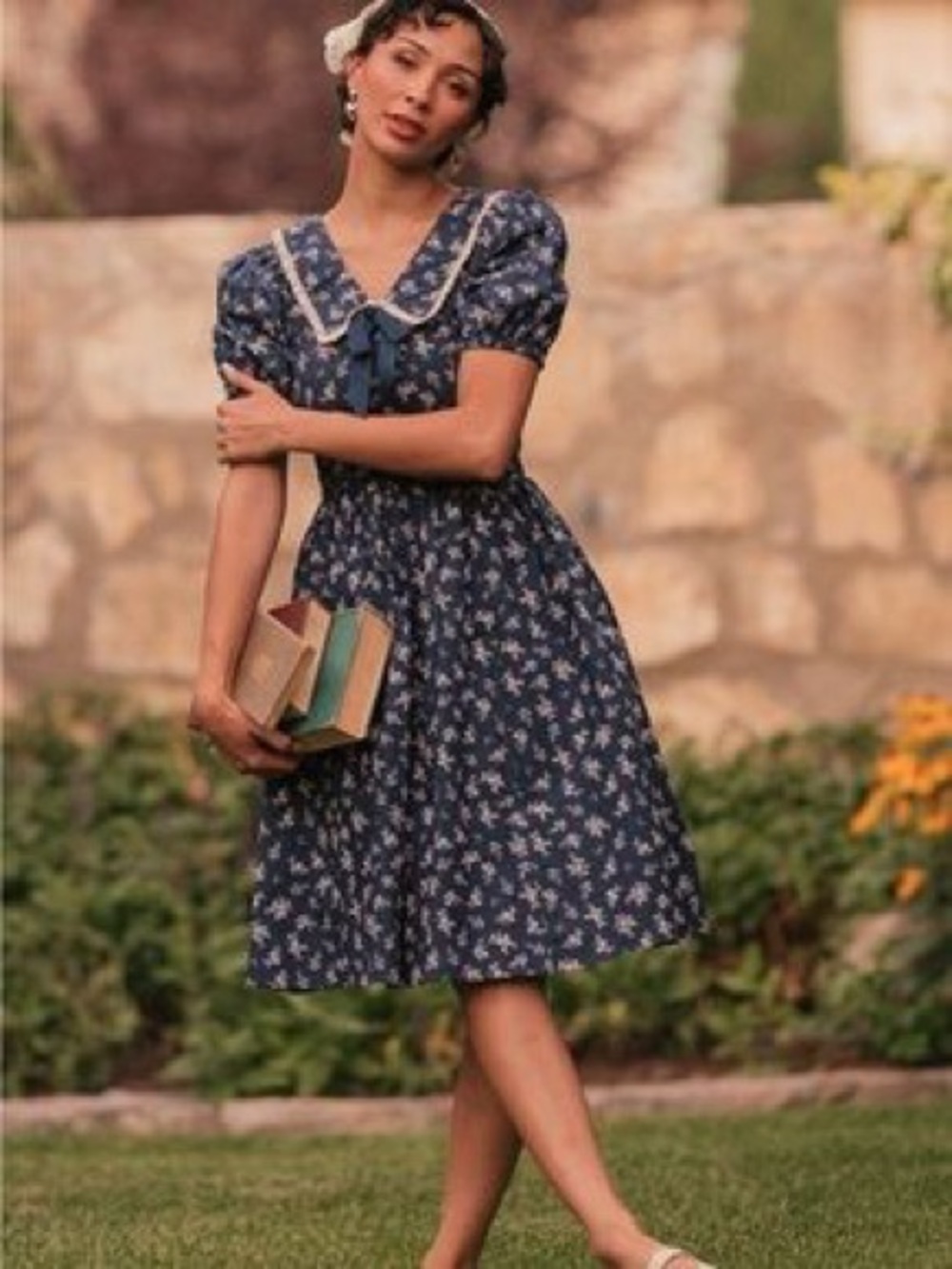 EUC JessaKae Rory Navy Floral Vintage-Inspired Collared Puff Sleeve Dress